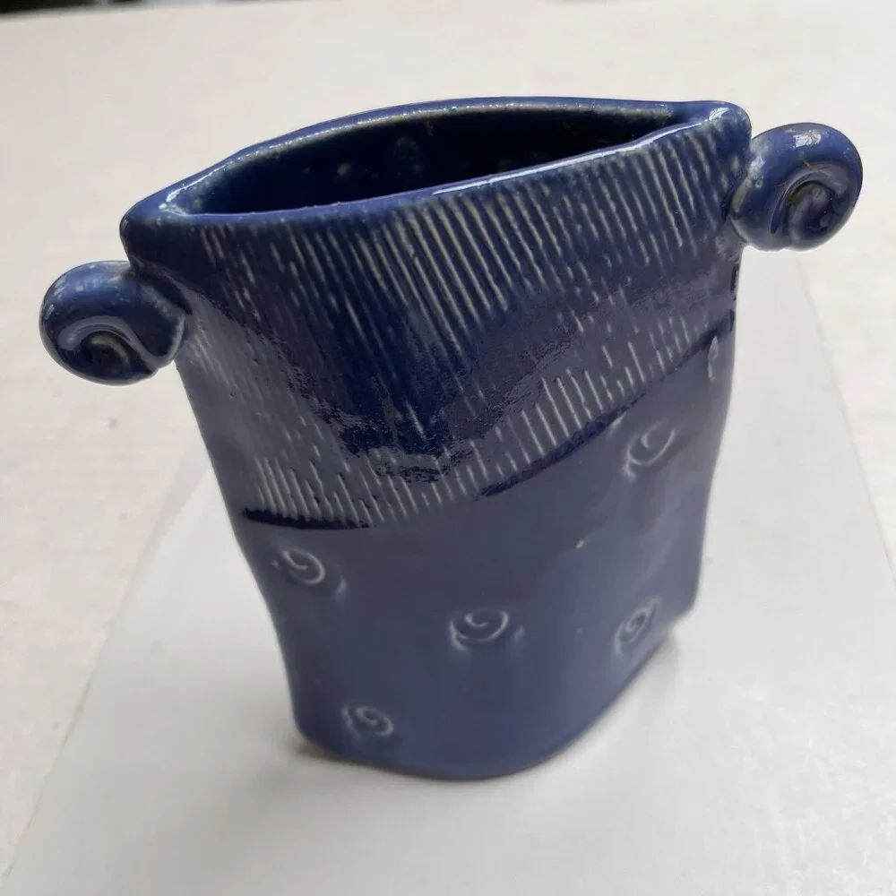 Ceramic Studio Pottery Blue Signed Vase Textured Decor Home Gift